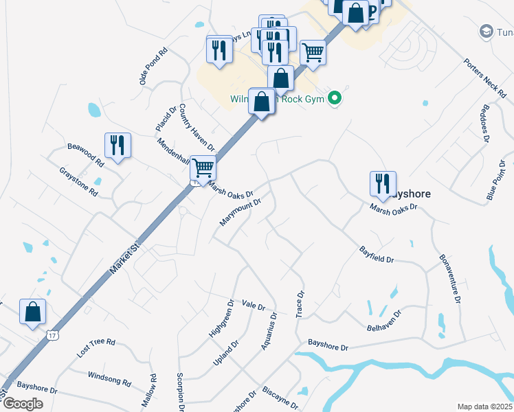 map of restaurants, bars, coffee shops, grocery stores, and more near 7802 Marymount Drive in Wilmington