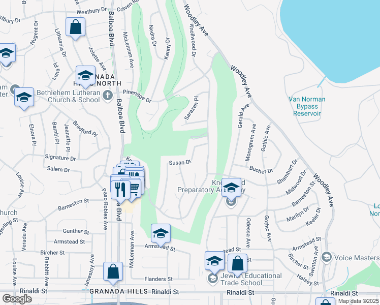 map of restaurants, bars, coffee shops, grocery stores, and more near 12035 Susan Drive in Los Angeles