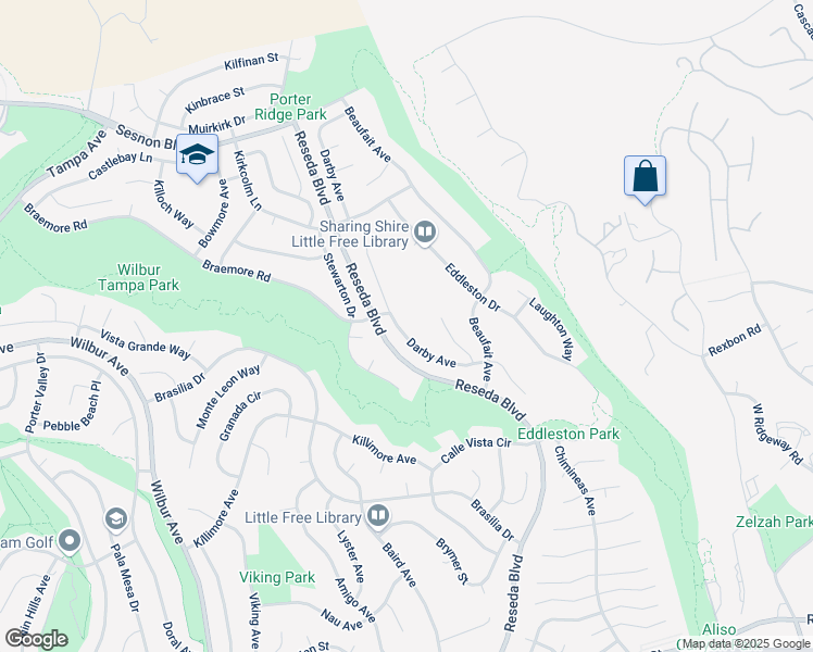 map of restaurants, bars, coffee shops, grocery stores, and more near 11882 Darby Avenue in Los Angeles
