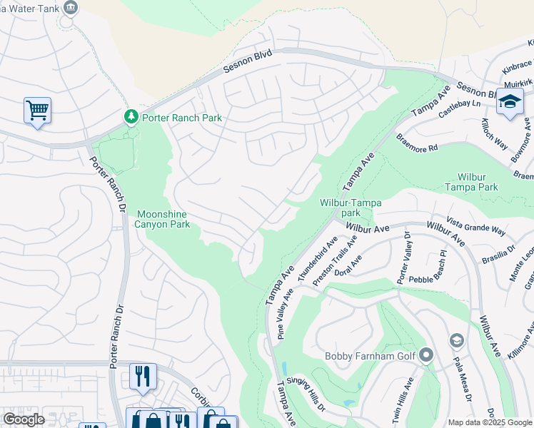 map of restaurants, bars, coffee shops, grocery stores, and more near 19636 Pine Valley Way in Los Angeles