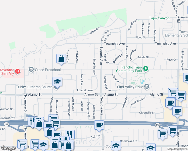 map of restaurants, bars, coffee shops, grocery stores, and more near 2918 Topaz Avenue in Simi Valley
