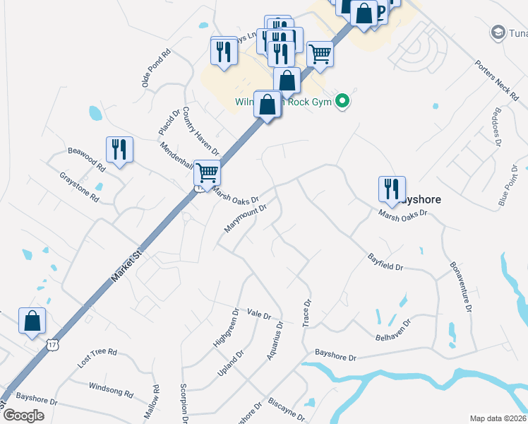map of restaurants, bars, coffee shops, grocery stores, and more near 7764 Marymount Drive in Wilmington