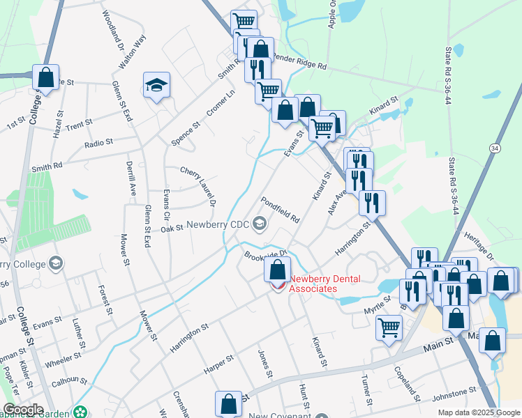 map of restaurants, bars, coffee shops, grocery stores, and more near 1866 Brookside Manor in Newberry