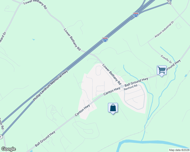 map of restaurants, bars, coffee shops, grocery stores, and more near 119 Bethany Manor Drive in Ball Ground