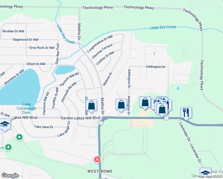 map of restaurants, bars, coffee shops, grocery stores, and more near 10 Crosscreek Drive in Rome