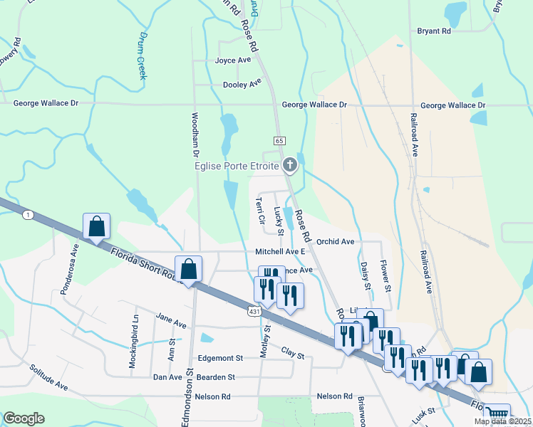 map of restaurants, bars, coffee shops, grocery stores, and more near 1111 Terri Circle in Albertville
