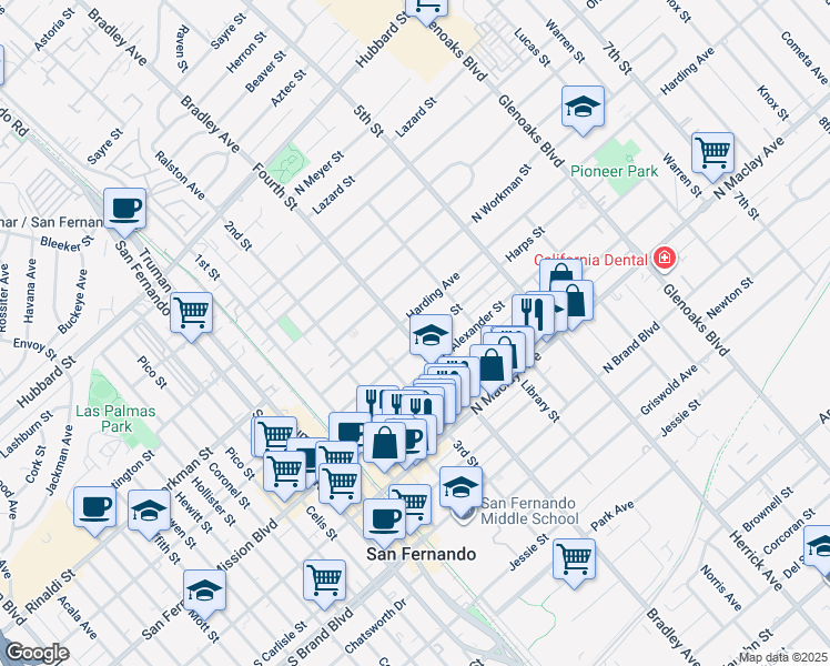 map of restaurants, bars, coffee shops, grocery stores, and more near 1409 Fourth Street in San Fernando