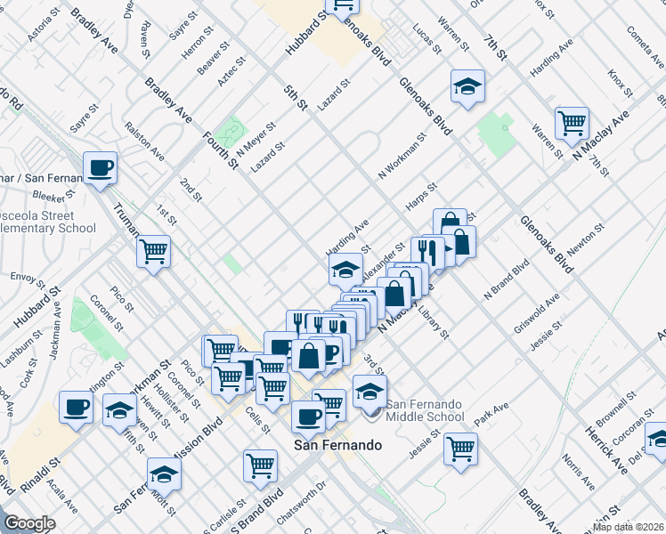 map of restaurants, bars, coffee shops, grocery stores, and more near 1409 Fourth Street in San Fernando