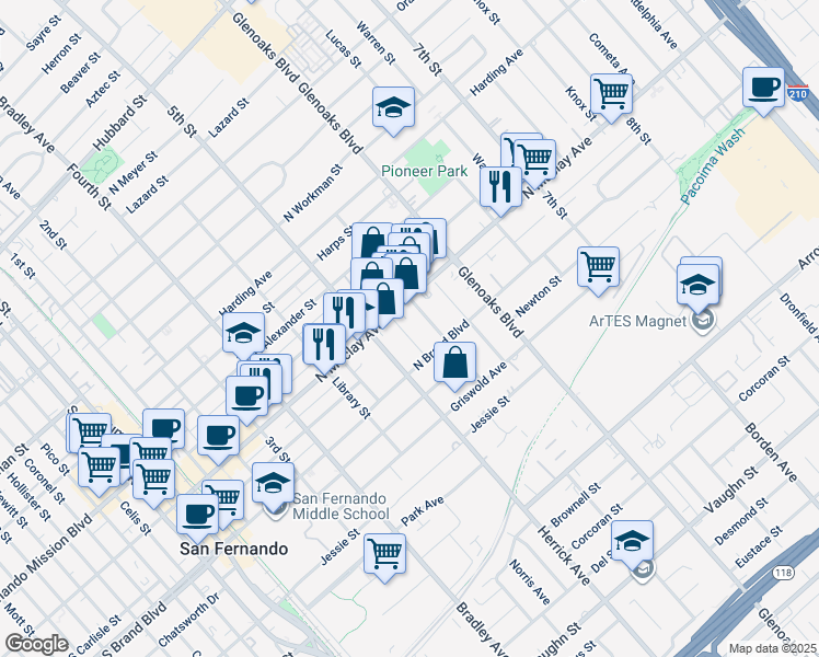map of restaurants, bars, coffee shops, grocery stores, and more near 1007 De Foe Street in San Fernando