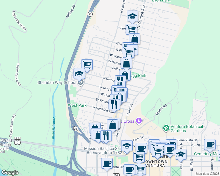 map of restaurants, bars, coffee shops, grocery stores, and more near 141 West Center Street in Ventura