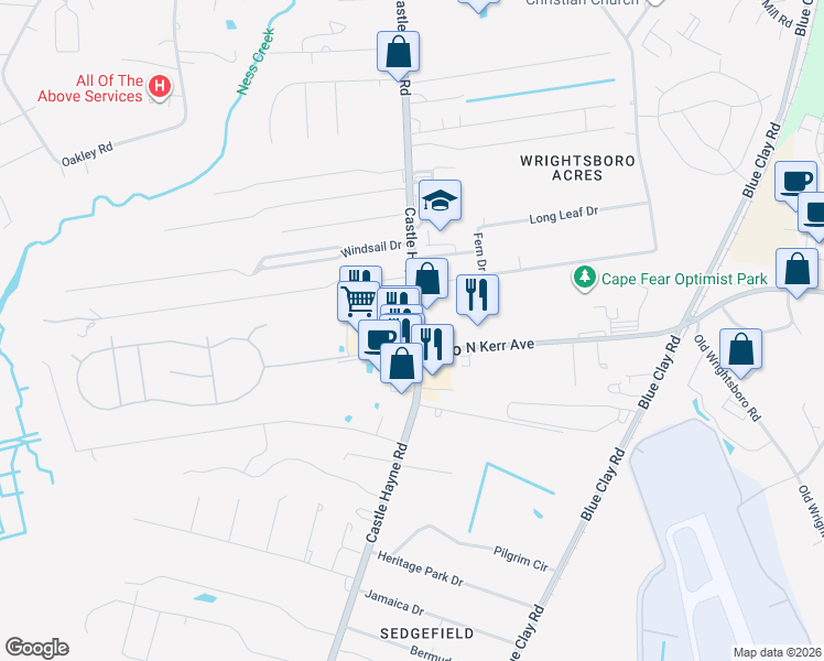 map of restaurants, bars, coffee shops, grocery stores, and more near 2601 Castle Hayne Road in Wilmington