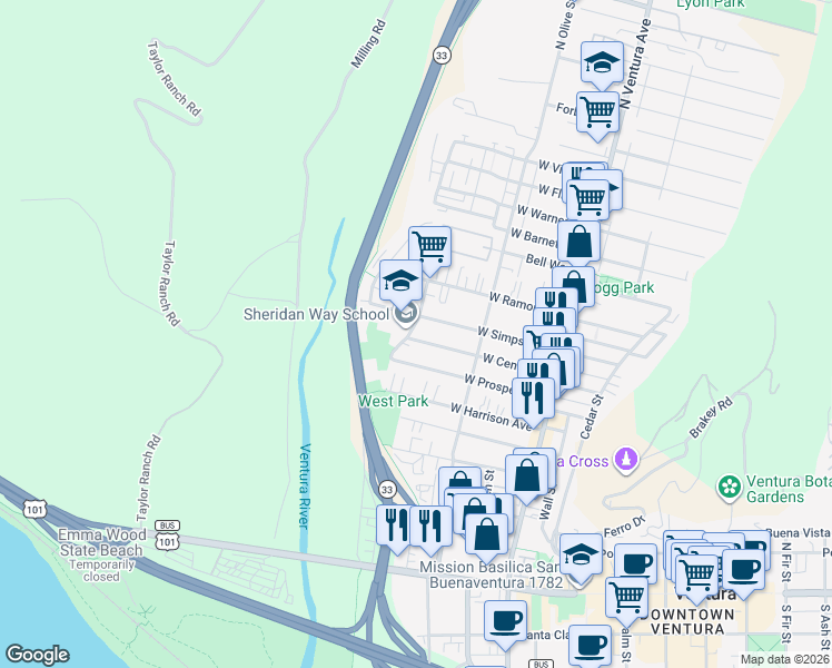 map of restaurants, bars, coffee shops, grocery stores, and more near 399 West Center Street in Ventura
