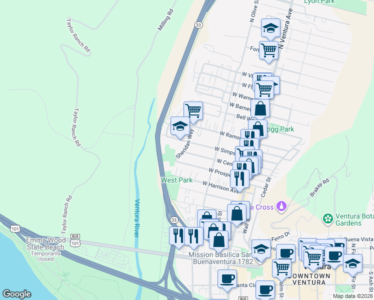 map of restaurants, bars, coffee shops, grocery stores, and more near 399 West Center Street in Ventura