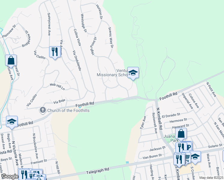 map of restaurants, bars, coffee shops, grocery stores, and more near 7050 El Malabar Drive in Ventura