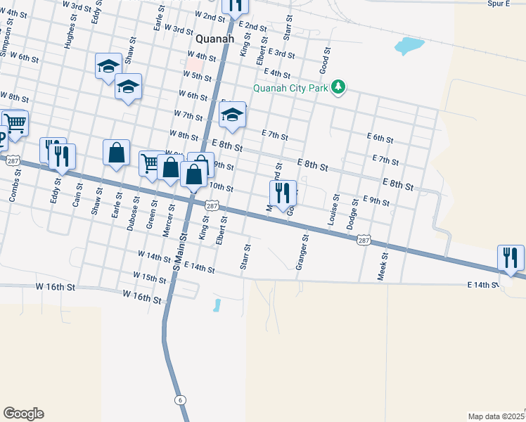 map of restaurants, bars, coffee shops, grocery stores, and more near 103 East 11th Street in Quanah