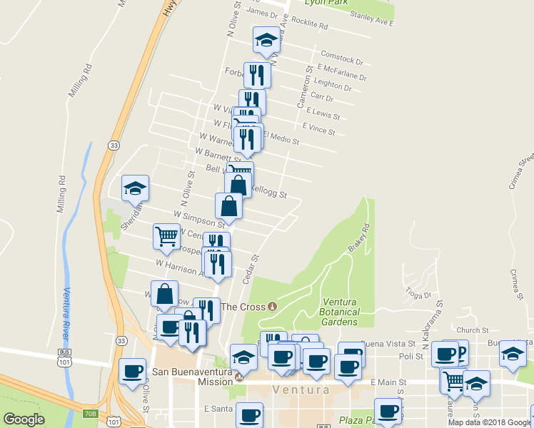 map of restaurants, bars, coffee shops, grocery stores, and more near 130 East Ramona Street in Ventura