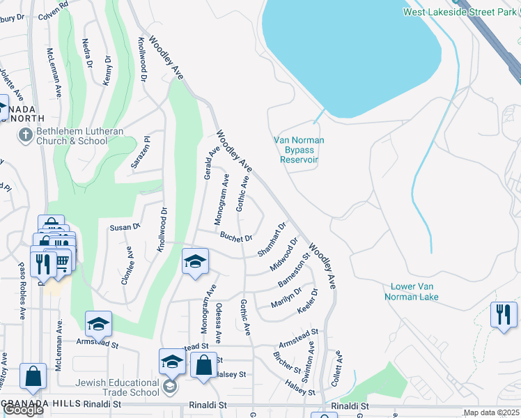 map of restaurants, bars, coffee shops, grocery stores, and more near 16356 Buchet Drive in Los Angeles