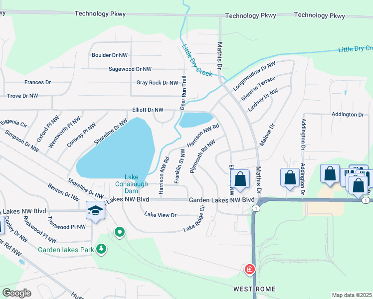 map of restaurants, bars, coffee shops, grocery stores, and more near 101 Plymouth Road Northwest in Rome