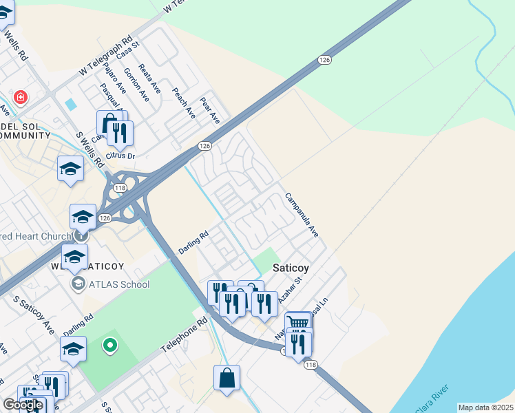 map of restaurants, bars, coffee shops, grocery stores, and more near 11370 Darling Road in Ventura