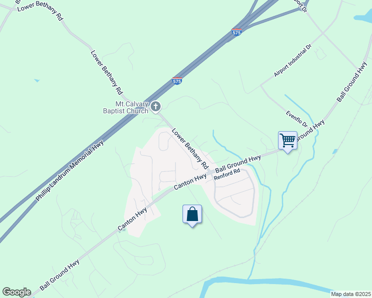 map of restaurants, bars, coffee shops, grocery stores, and more near 223 Bethany Manor Drive in Ball Ground