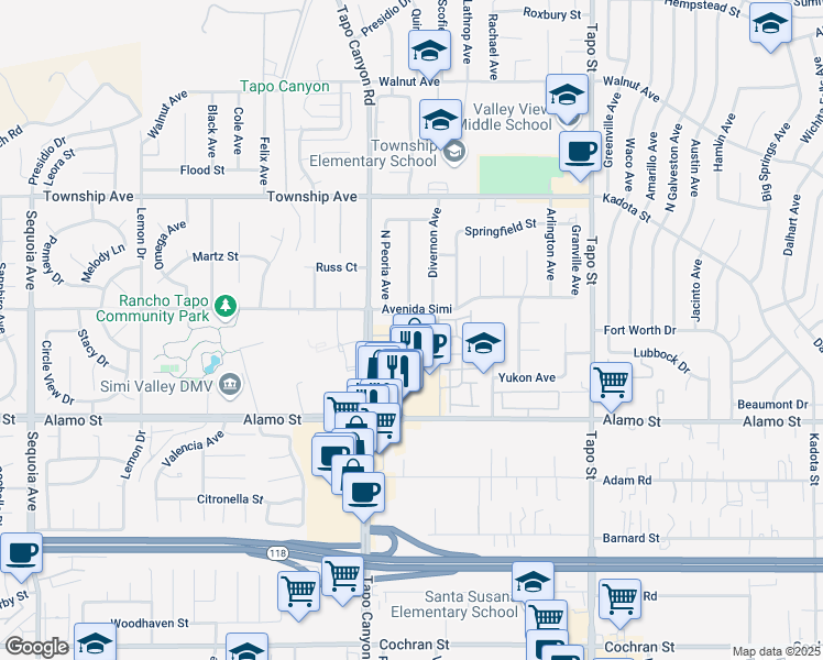 map of restaurants, bars, coffee shops, grocery stores, and more near 2970 Tapo Canyon Road in Simi Valley