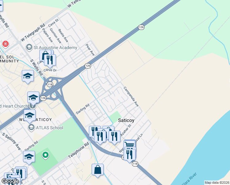 map of restaurants, bars, coffee shops, grocery stores, and more near 64 Poinsettia Gardens Drive in Ventura