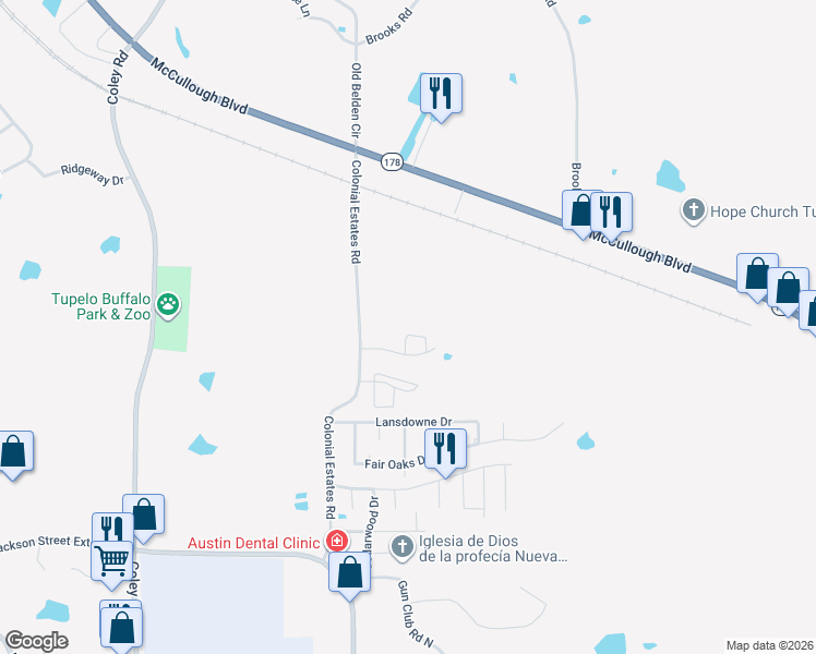 map of restaurants, bars, coffee shops, grocery stores, and more near Springfield Dr in Tupelo