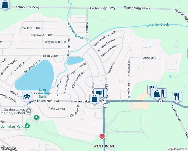 map of restaurants, bars, coffee shops, grocery stores, and more near 122 Plymouth Road Northwest in Rome
