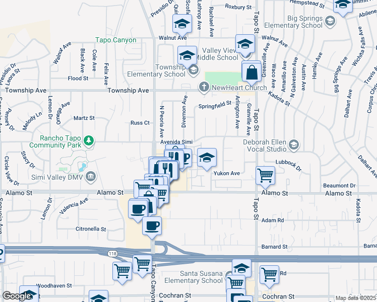 map of restaurants, bars, coffee shops, grocery stores, and more near 2980 Campa Way in Simi Valley