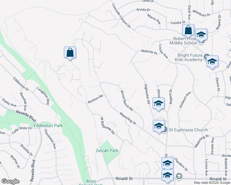 map of restaurants, bars, coffee shops, grocery stores, and more near 12025 Wood Ranch Road in Los Angeles