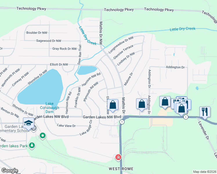 map of restaurants, bars, coffee shops, grocery stores, and more near 122 Plymouth Road Northwest in Rome