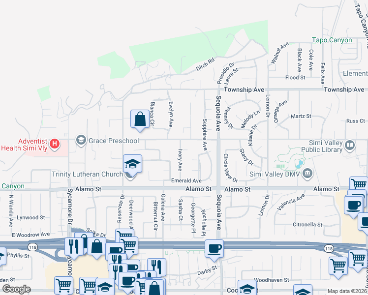 map of restaurants, bars, coffee shops, grocery stores, and more near 3309 Avenida Simi in Simi Valley