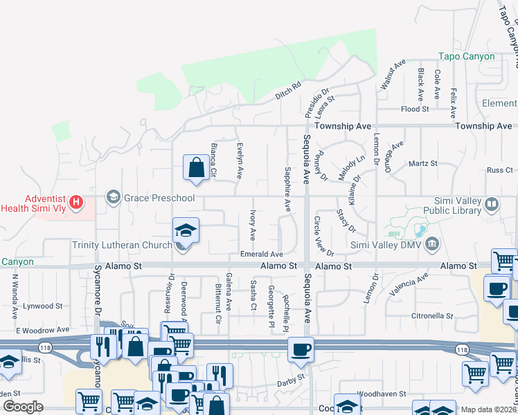 map of restaurants, bars, coffee shops, grocery stores, and more near 3309 Avenida Simi in Simi Valley