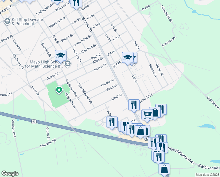 map of restaurants, bars, coffee shops, grocery stores, and more near 107 Bacote St in Darlington
