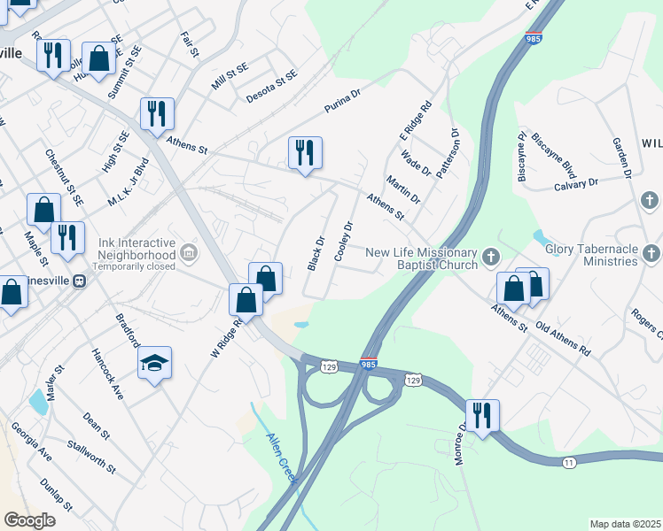 map of restaurants, bars, coffee shops, grocery stores, and more near 991 Cooley Drive in Gainesville
