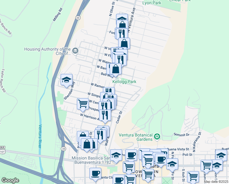 map of restaurants, bars, coffee shops, grocery stores, and more near in Ventura