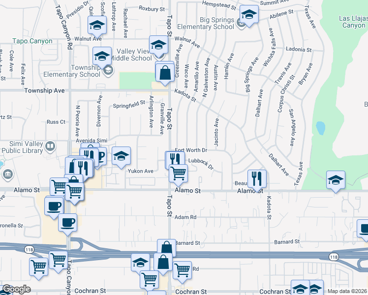 map of restaurants, bars, coffee shops, grocery stores, and more near 2979 Amarillo Avenue in Simi Valley