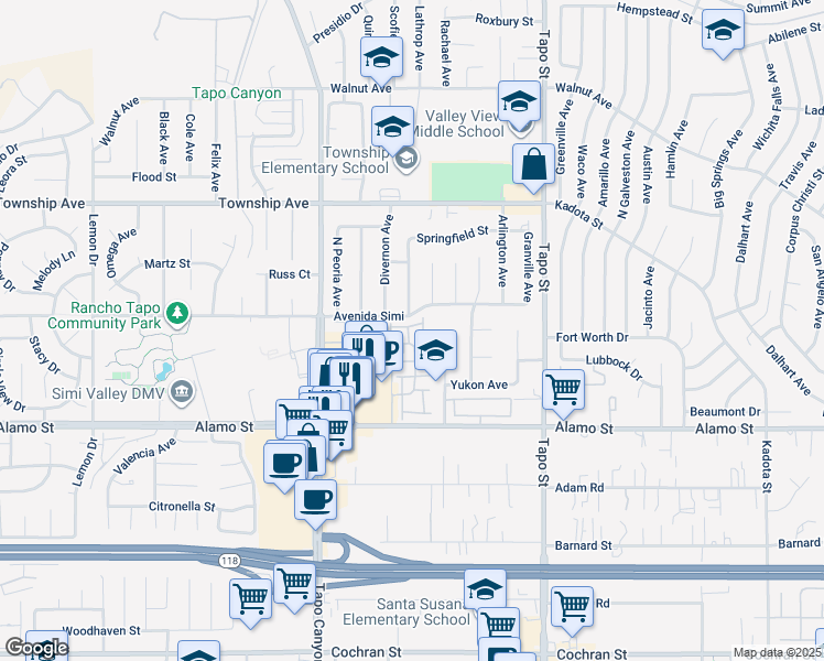 map of restaurants, bars, coffee shops, grocery stores, and more near 3013 Springfield Street in Simi Valley