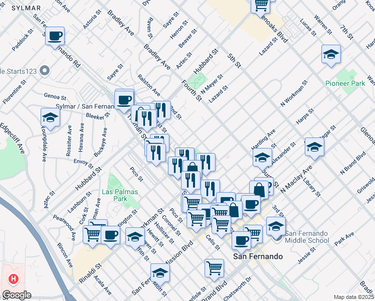map of restaurants, bars, coffee shops, grocery stores, and more near 128 Orange Grove Avenue in San Fernando