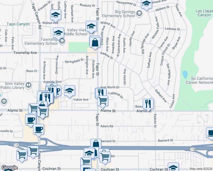 map of restaurants, bars, coffee shops, grocery stores, and more near 2979 Amarillo Avenue in Simi Valley
