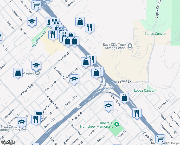 map of restaurants, bars, coffee shops, grocery stores, and more near 12650 Foothill Boulevard in Los Angeles