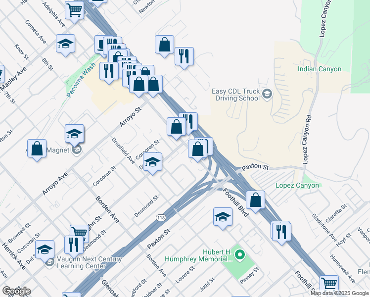 map of restaurants, bars, coffee shops, grocery stores, and more near 12650 Foothill Boulevard in Los Angeles
