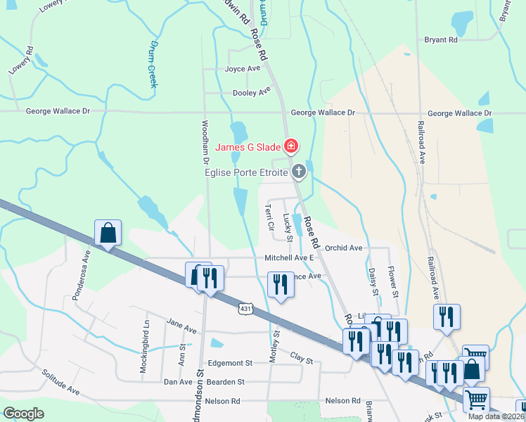 map of restaurants, bars, coffee shops, grocery stores, and more near 1203 Terri Circle in Albertville
