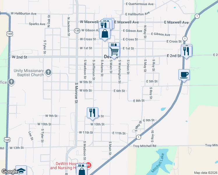 map of restaurants, bars, coffee shops, grocery stores, and more near 601 South Main Street in DeWitt