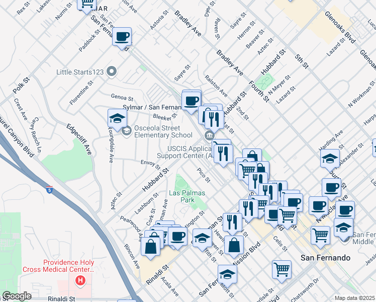 map of restaurants, bars, coffee shops, grocery stores, and more near Hubbard Street & El Dorado Avenue in Los Angeles