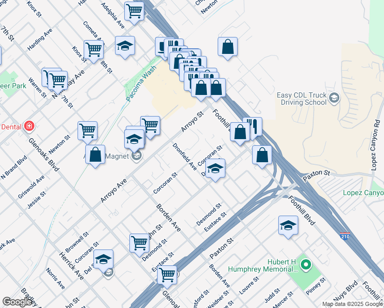 map of restaurants, bars, coffee shops, grocery stores, and more near 12975 Corcoran Place in San Fernando