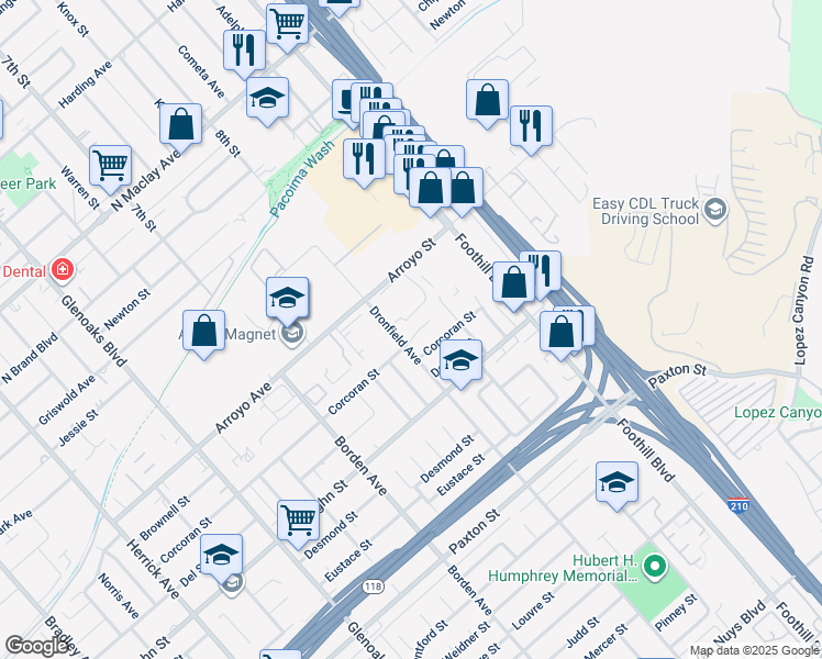 map of restaurants, bars, coffee shops, grocery stores, and more near 12975 Corcoran Place in San Fernando
