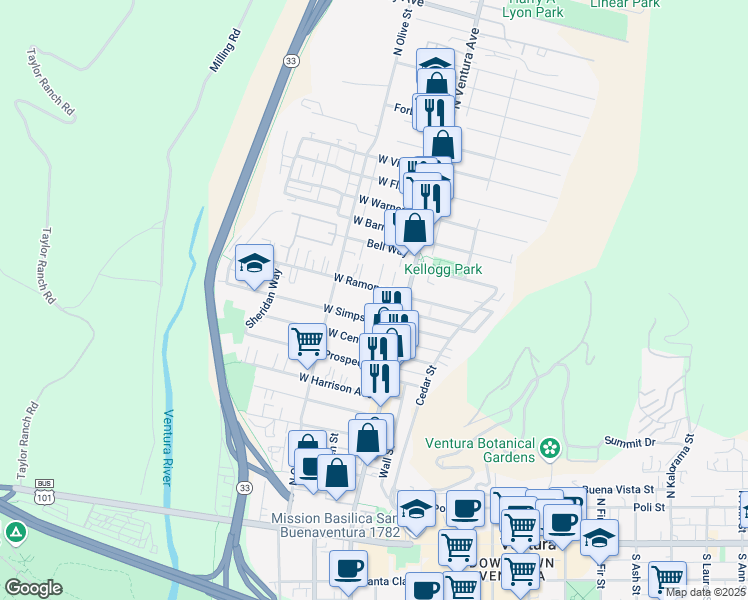 map of restaurants, bars, coffee shops, grocery stores, and more near 76 West Ramona Street in Ventura