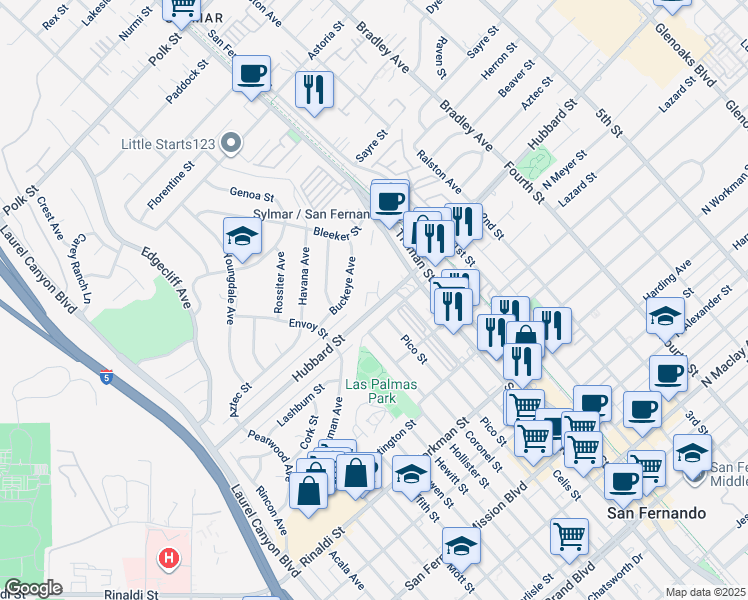 map of restaurants, bars, coffee shops, grocery stores, and more near 14637 Hubbard Street in Los Angeles