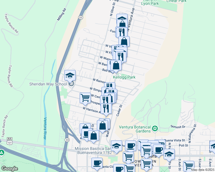 map of restaurants, bars, coffee shops, grocery stores, and more near 73 West Ramona Street in Ventura